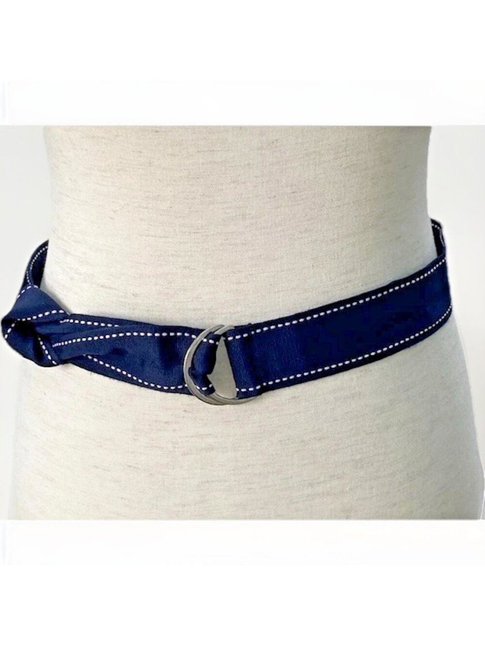Y2K Preppy Ribbon Women's Belt Blue White Double D Ring Metal Golf Nautical